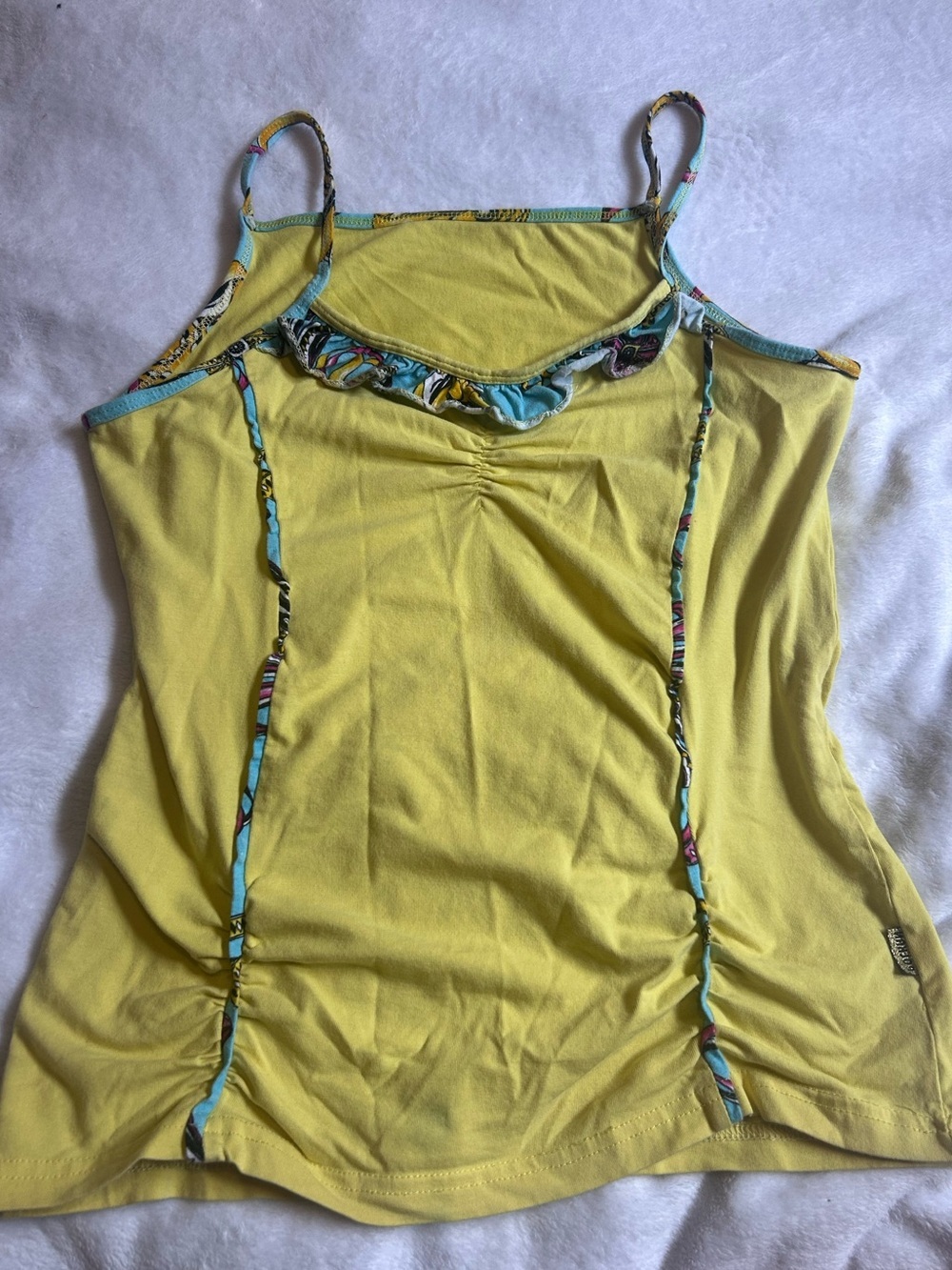 Y2K Ruffle detailing blue pattern 2000โs tank top cami yellow reworked vintage - Picture 2 of 8
